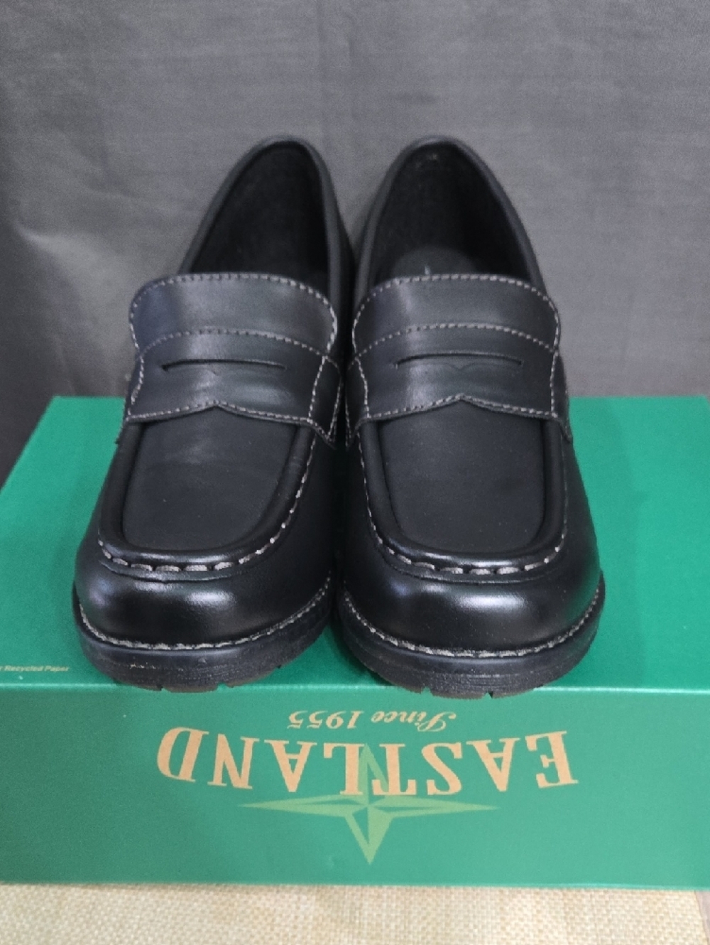 Eastland Black Leather Penny Loafers with Stacked Heel - Picture 6 of 11